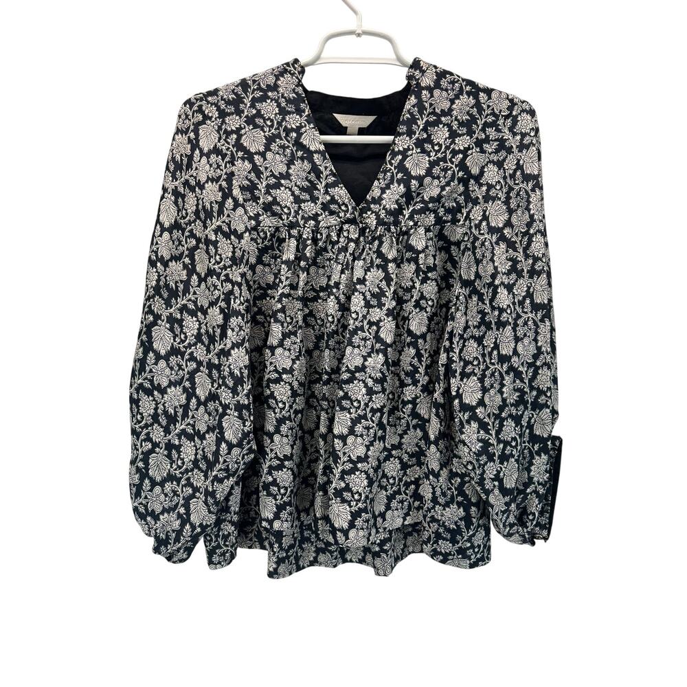 Voloshin Silk Poet Blouse Black White Floral Washable Bead Detail Small